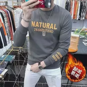 Men s European Style Heavyweight Sweatshirt, Trendy Long-Sleeved Velvet-Lined Top for Spring and Autumn 2XL (145-160 pounds)