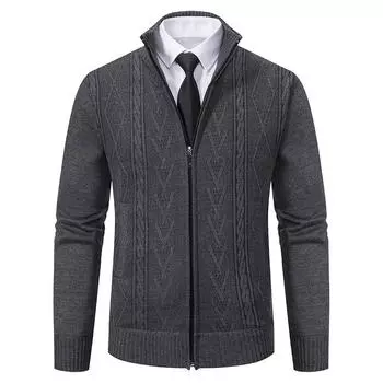 Men s Fall and Winter Stand-up Collar Thickened Warm Sweater Casual Knitted Cardigan Jacket 2XL
