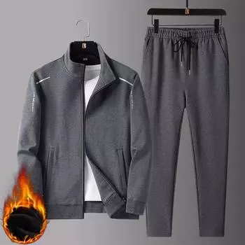 Мужской утепленный костюм на осень и зиму, теплый топ с воротником-стойкой + теплые прямые брюки, комплект из двух предметов 5XL