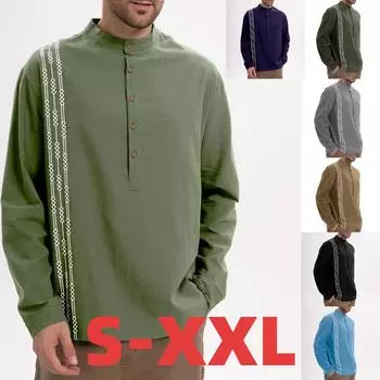 Men s Fall Winter Henley Shirt Long Sleeve Printed Cotton Linen Top Plus Size XXL чёрный