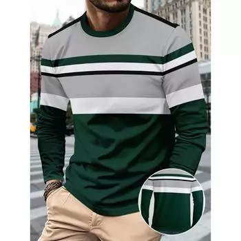 Men s Fashion 3D Printed Striped Long Sleeved T-shirt Top S