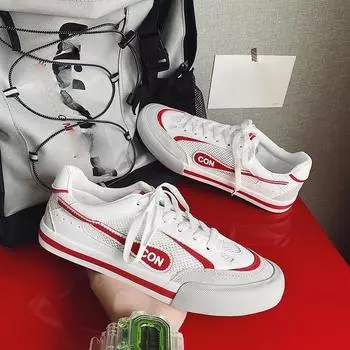 Men s Fashion Casual Sneakers Mesh Breathable Canvas Shoes Jogging Shoes 39 белый/красный