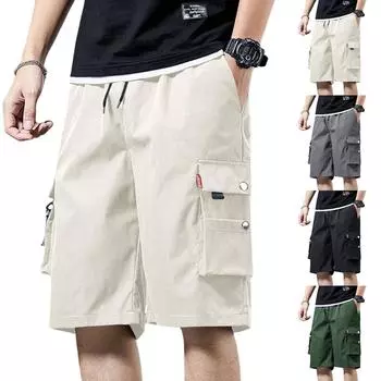 Men s Fashion Casual Summer Loose Multi Pocket Overalls Shorts Cropped Pants L бежевый