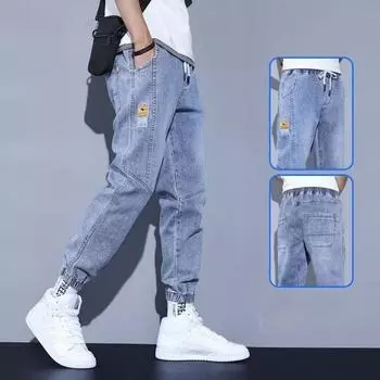 Мужские модные джинсы с потертой эластичной талией, брюки-харен Nine Minute 2024, повседневные брюки в стиле ретро, весна-лето-осень M чёрный