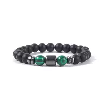 Men s Fashion Magnetic Bracelet with Black Obsidian, Tiger Eye Beads & White Pine Map Stone