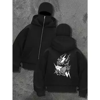 Men s Fashion Pattern Printed Double Layer Hoodie - Black Zipper Casual Street Wear with Balaclava Design Unique S