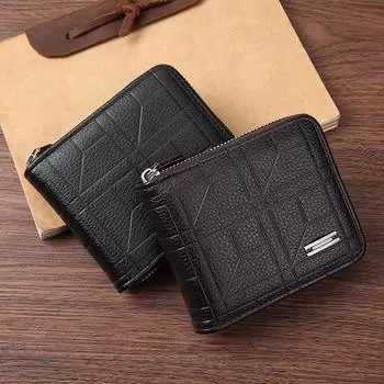 Men s Fashion Plaid Zipper Wallet - Large Capacity, Multi-Card, Soft Material чёрный