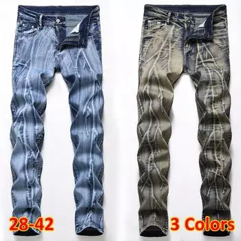 Мужские модные плиссированные байкерские джинсы, большие размеры, мотоциклетные прямые мужские лоскутные брюки с несколькими карманами, повседневные мужские эластичные джинсовые брюки 28 светло-синий