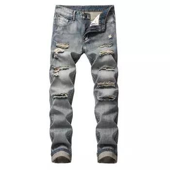 Men s Fashion Slim Fit Personality Straightl Casual Ripped Jeans Denim Pants 30 синий