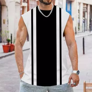 Men s fashion striped pattern vest, summer fashion street wear, 3D printed sleeveless vest, loose and breathable Harajuku top S