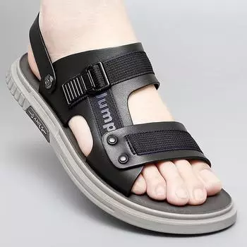 Men s Fashion Webbing Stitching Cowhide Outdoor Casual Beach Shoes Men Genuine Leather Beach Sandals Classics Trekking Footwear 38 чёрный