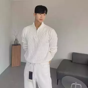 Men s Fashionable Half Turtleneck Zipper Knit Pullover Sweater - White, Long Sleeve, Versatile. M чёрный