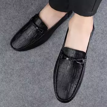 Men s First Layer Leather Fashionable Business Shoes All-match Shoes Wear-resistant Breathable Croco Casual Outdoor Shoes 37 чёрный