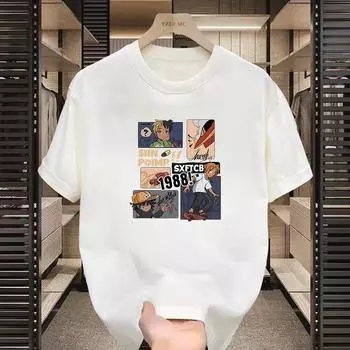 Men s five-sleeve T-shirt comic print top Loose youth solid color crewneck top short sleeve M