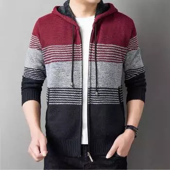 Men S Fleece Cardigan Sweater Large Size Jacket Hooded Color Matching Long Sleeve Autumn Men M темно-серого