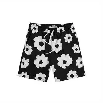 Men s Floral Graphic Print Drawstring Shorts, Summer Casual Shorts with Pockets, Beach Hawaiian Shorts S чёрный