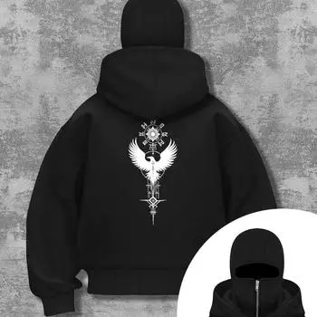 Men s Full Set Balaclava Zipper Hoodie - Black and White Pattern Sportswear, Adjustable Double Hat Warm Top Coat S