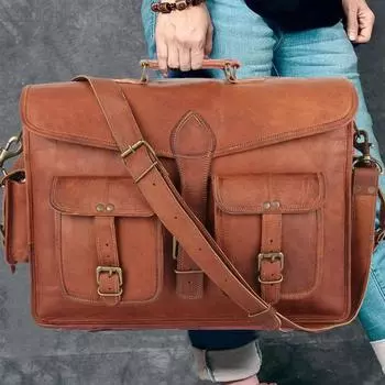 Men s Genuine Briefcase Vintage Leather Functional Messenger Shoulder Laptop Bag 18 x 14 x 6 in