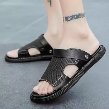 Мужские черные сандалии из натуральной кожи, летние нескользящие прочные пляжные туфли для вождения, мужские повседневные туфли двойного назначения, сандалии для папы 38 чёрный