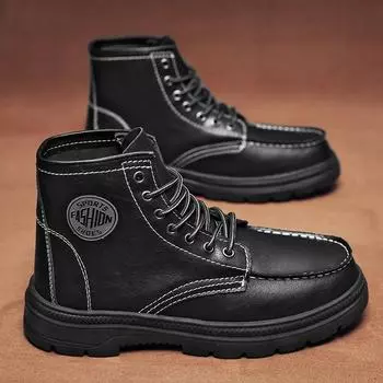 Men s Genuine Leather Boots British Style Motorcycle Boot Casual Work Shoes High Tops Non-Slip Wear-Resistant Men s Ankle Boots 38 чёрный