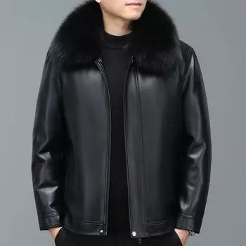 Men s Genuine Leather Down Jacket Loose Large Size Middle-aged and Elderly Men s Thickened Short Jacket Removable Liner M