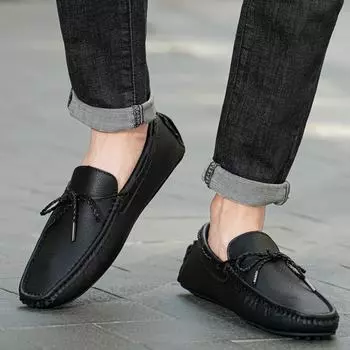 Men s Genuine Leather Luxury Brand Casual Shoes Fashion Slip on Loafers Outdoor Flat Soft Driving Moccasins High Quality Flats 38 чёрный