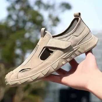 Men s Genuine Leather Shoes Hollow Out Trend Comfortable Men Shoes Outdoor British Fashion Men Sandals Sneakers Driving Shoes 38 серый