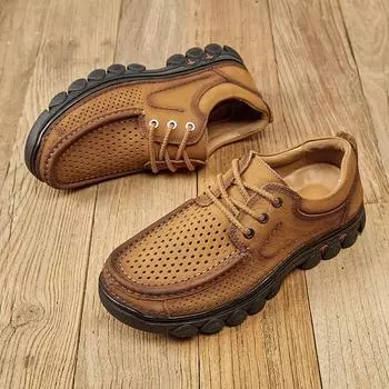 Men s Genuine Leather Shoes Male Hollow Footwear Men s Casual Outdoor Hiking Shoes Flats Work Shoes 39 темно-коричневого