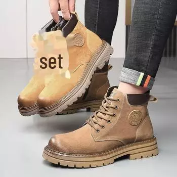 Men s Genuine Leather Winter Martin Boots, Thick Sole, Non-Slip, Warm Plus Velvet, Classic Yellow. 39