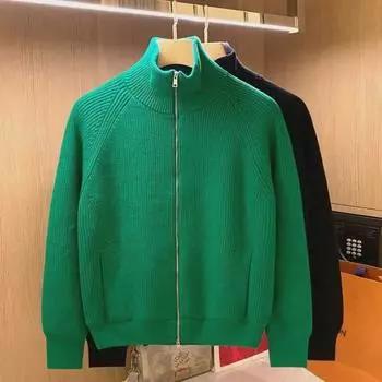Men s Green Half Turtleneck Zipper Sweater - Winter Casual Knit Jacket XXXL