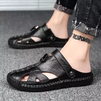 Men s Handmade Stitching Men s Black Sandals Two Wearing Slippers Summer Outdoor Male Footwear Firm Original Beach Men Slippers 38 чёрный