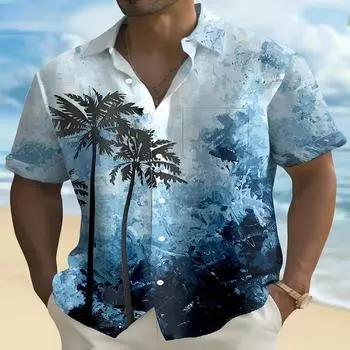 Men s Hawaiian Palm Tree Gradual Printed Button Shirt Short Sleeve Polyester Fiber Tropical Vacation Style S