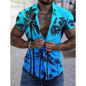 Men s Hawaiian Shirts Graphic Aloha Tree Turndown Sea 3D Print Street Daily Short Sleeve Button Clothing Palm Trees Beach S