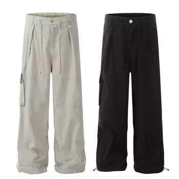 Men S High Street Niche Personality Drawstring High Waisted Work Pants Trendy Brand American Pure Cotton Wide Leg Work Pants S чёрный