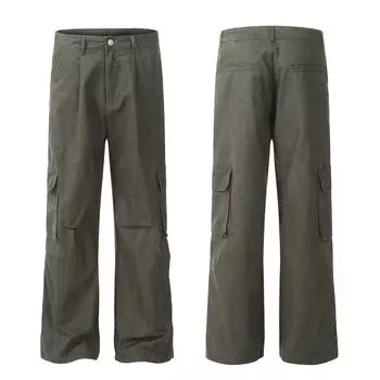 Men S High Street Niche Personality Drawstring High Waisted Work Pants Trendy Brand American Pure Cotton Wide Leg Work Pants S зелёный