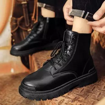 Men s High Top Boots Trendy Black Motorcycle Boots Outdoor Platform Boots Men Lace-up Leather Boots thick bottom Bota Masculina 39 чёрный