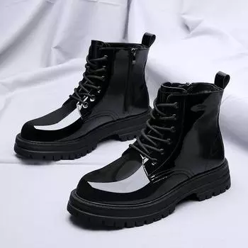 Men s High-top Fashion Glossy Shoes New Motorcycle and Ankle Boots Waterproof Boots Men Leather Shoes Men Casual Boot Autumn 38 чёрный