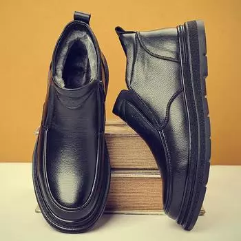 Men s High Top Fur and Leather Boots for Middle-Aged and Elderly 38 чёрный