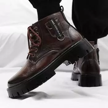 Men s high top leather shoes Trendy British style Party Outdoor Recreation Daily office thick soled men s boots Black shoes 38 чёрный