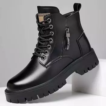 Men s high top winter plush warm cotton boots medium top leather shoes British style work clothes new snow short boots 38 чёрный