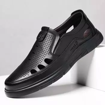 Men s hollow hole shoes men s casual foot cover cool leather shoes dad shoes 2025 summer new sandals 38