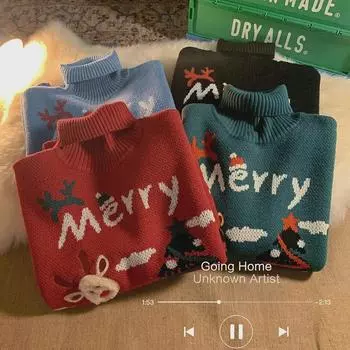 Men s Hong Kong Style Christmas Sweater - Loose Fit, Knitted, Autumn/Winter, Thick High Collar XXL зелёный