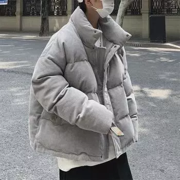 Men s Hong Kong Style Winter Corduroy Coat: Loose, Thick, Short Jacket XL серый