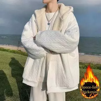 Men s Hooded Fleece-lined Thickened Cotton-padded Coat In Winter S белый