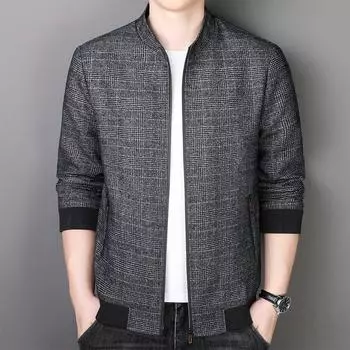 Men s Jacket Woolen Dark Plaid Baseball Collar Jacket Casual Top Middle-aged and Elderly Business Jacket M