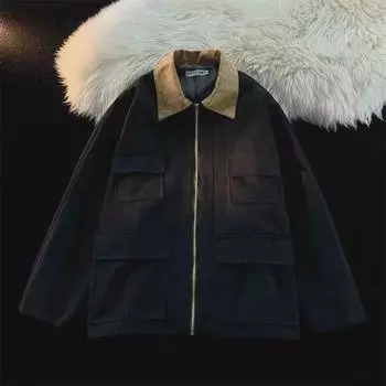 Men s Japanese Retro Workwear Jacket - Trendy, Functional, Loose Fit, Spring/Autumn Korean & Hong Kong Style XL чёрный