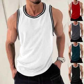 Men s Knit Vertical Stripes Fitness Exercise Slim-fit I-block Color Vest L