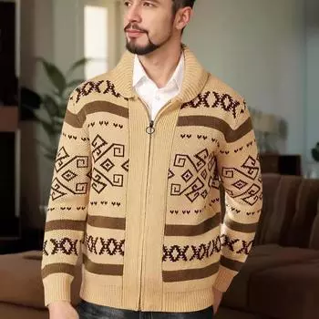 Men s Knitted Cardigan Jacket Men s Zipper Lapel Slim Outer Wear Knitted Sweater L бежевый