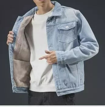 Men s Korean Style Denim Jacket: Trendy Thickened Velvet Coat for Autumn/Winter, Loose Fit and Fashionable. M