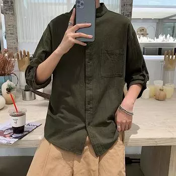 Men s Korean Style Stand-Up Collar Three-Quarter Sleeve Linen-Cotton Shirt Large белый